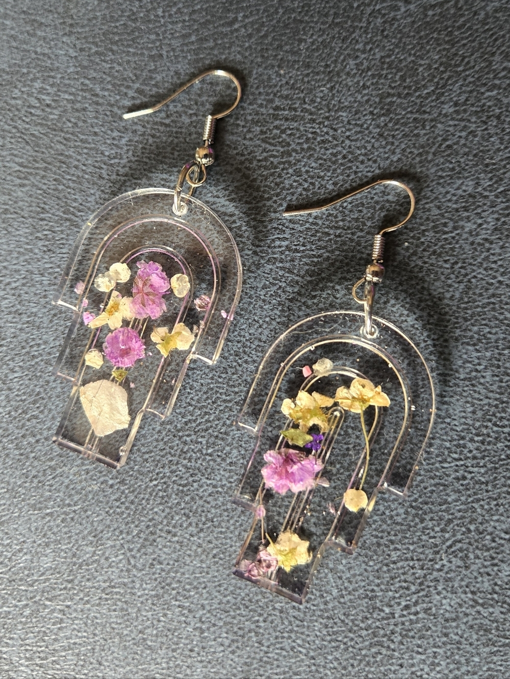 Handmade Clear Resin Arch Earrings with Pink & Yellow Dried Flowers